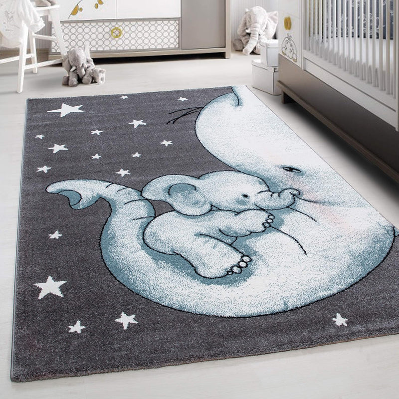 Kinderteppich für Jungen und Mädchen Elefant Muster 120 cm Rund Blau - Kurzflor Waschbarer Teppich E