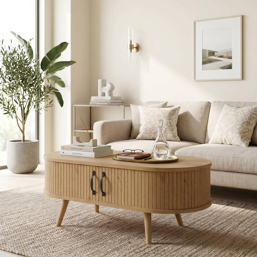 Ovaler Couchtisch Wohnzimmertisch, Living Room Table,Coffe Table,Multifunktionaler Tisch mit 2 Schie