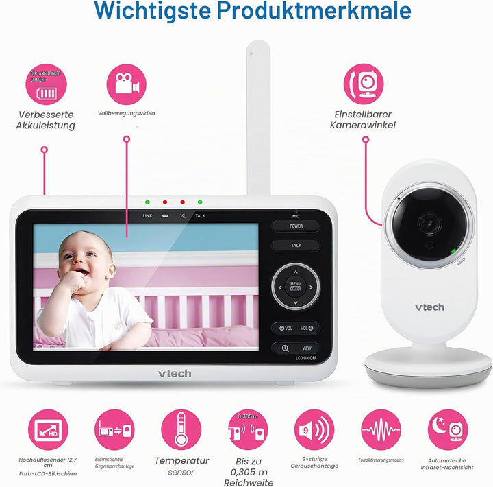 Vtech VM350 Babyphone mit Kamera 5 Zoll Video Baby Monitor, Klarer Sound babyfon mit Kamera LCD-Farb