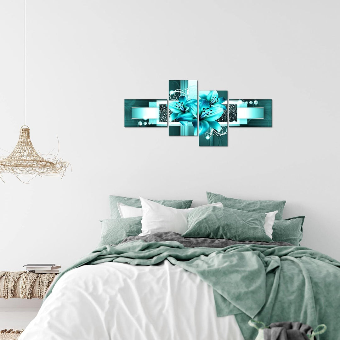 Runa Art Bild Modern Blumen Lilien - Made in Germany - Wandbilder Abstrakt Türkis 4 Teilig 008642a
