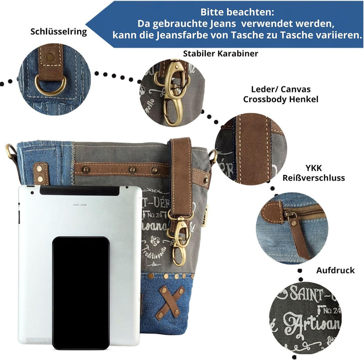 Sunsa Damen Umhängetasche. Schultertasche aus Canvas recycelte Jeans &amp; Leder. Grosse Vintage Crossbo
