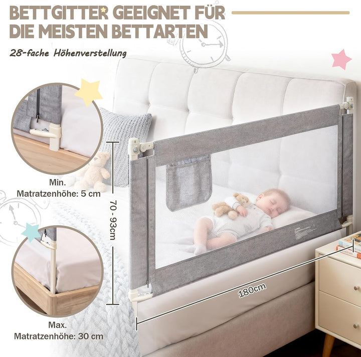 Rausfallschutz Boxspringbett,Rausfallschutz Bett 180cm,Bettschutzgitter für Babys und Kinder,Bettgit