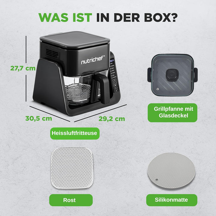 Nutrichef Heissluftfritteuse + Elektrogrill, 4L Airfryer mit Sichtfenster bis 360°C, 7 Programme, An