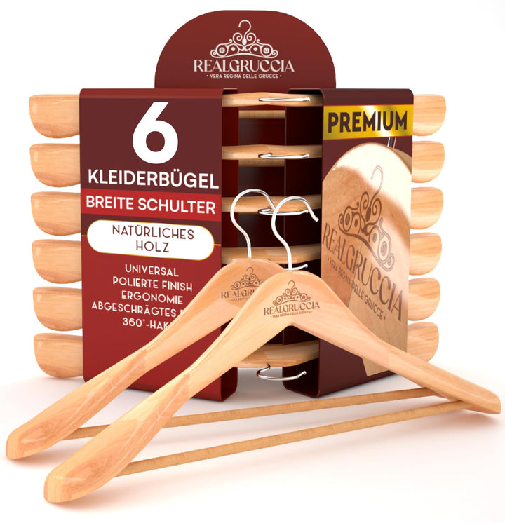 6 Kleiderbügel aus Holz Breite Schulter Holzbügel Farbe Naturholz Hosensteg Mäntel Hemden - RealGruc