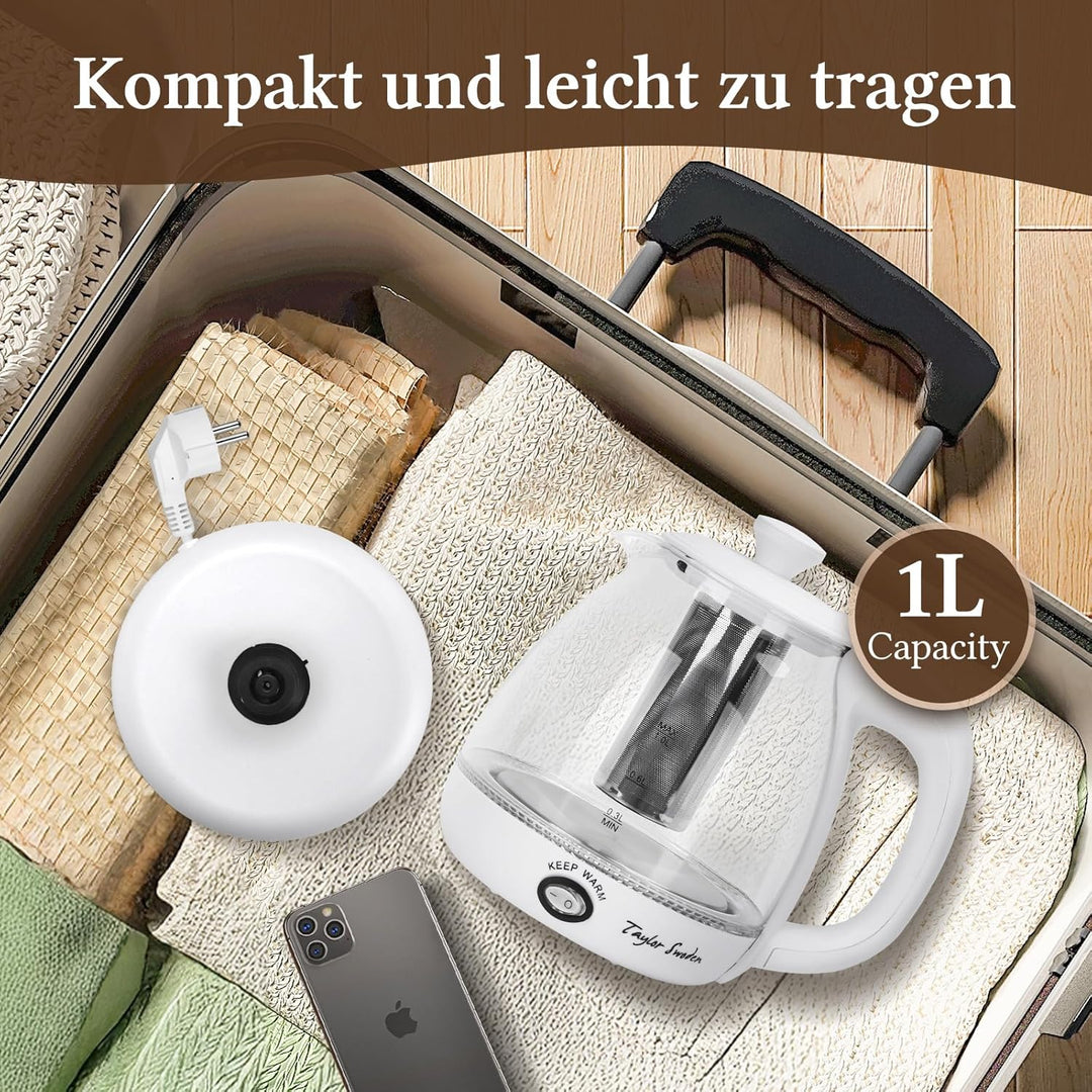 Taylor Swoden Wasserkocher Glas 1 Liter, 2200 W, Elektrischer Wasserkocher mit LED-Beleuchtung, BPA-