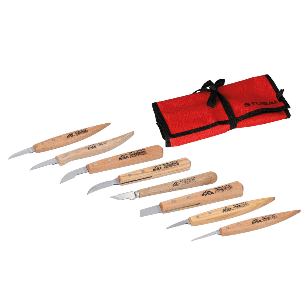 STUBAI Schnitzersatz 9-teilig in Rolltasche | Schnitzmesser mit Holzheft, Holzschnitzwerkzeug für fe