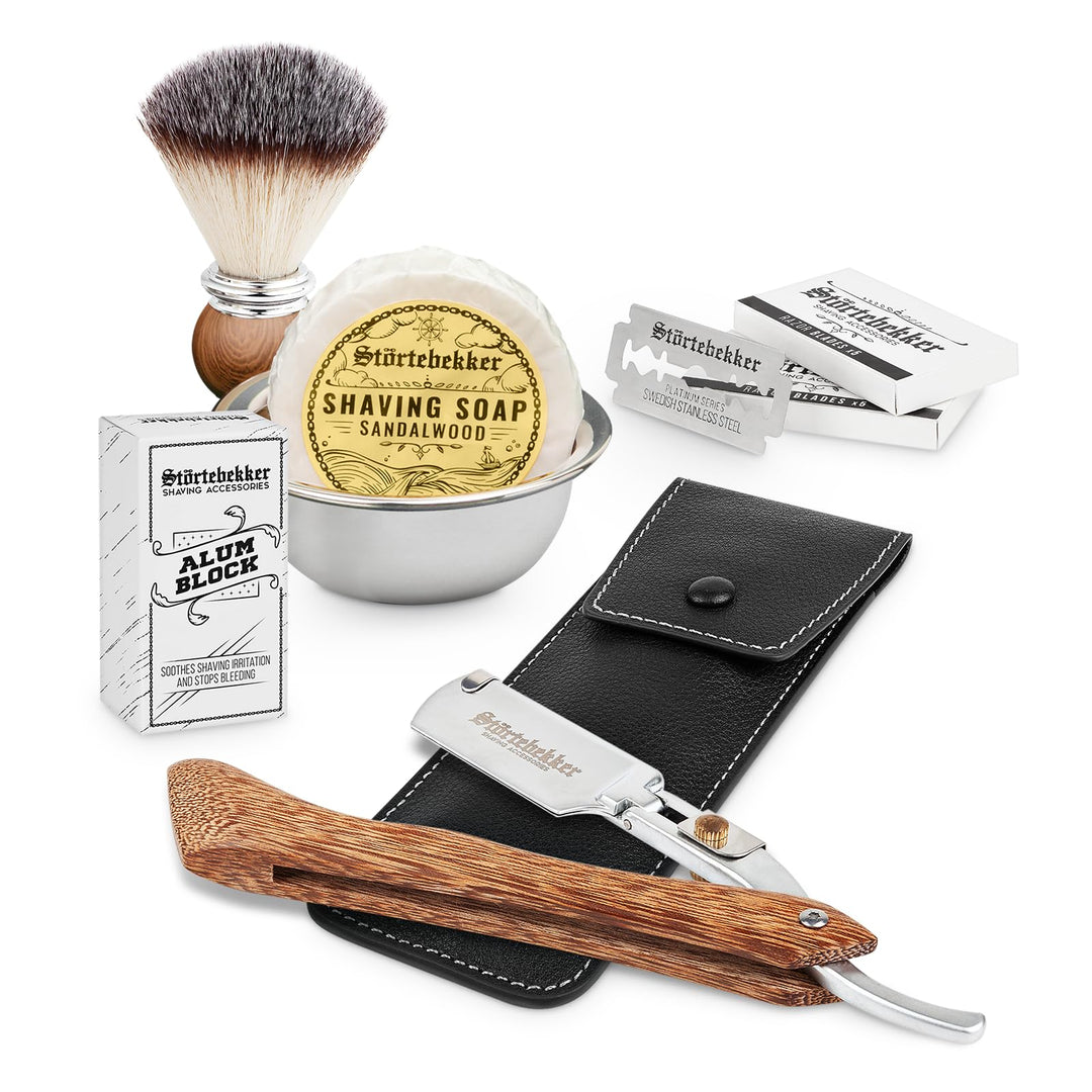 Störtebekker® Premium Rasiermesser Set für Herren im handgefertigten Lederetui - mit Rasierpinsel, R
