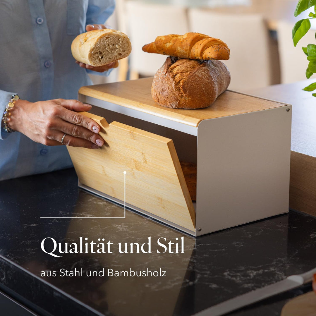 FLORINA Brotkasten BRUSTO 35,5 x 21,5 x 19,5 cm I Brotbox aus Stahl und Bambus-Deckel I Geräumiger u