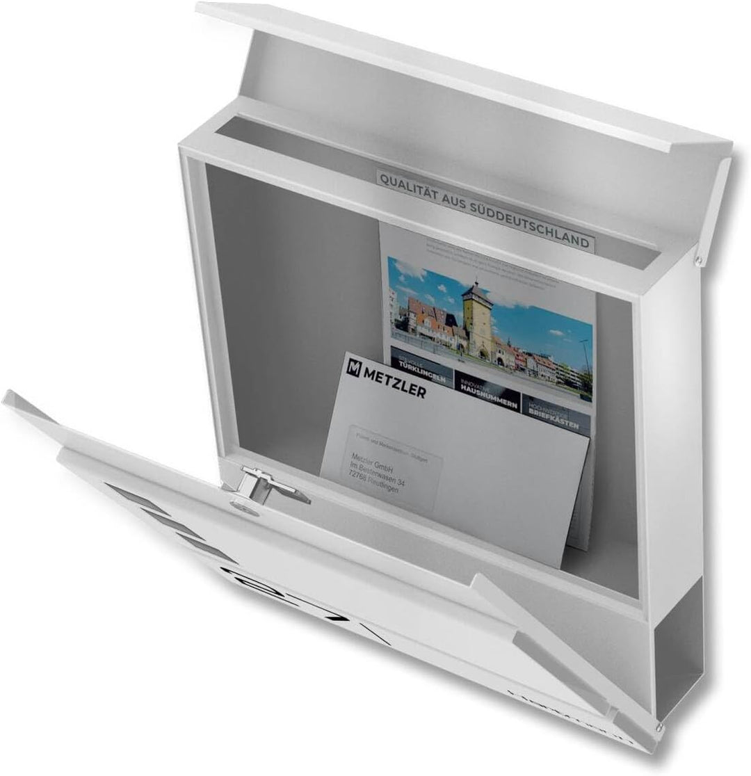Metzler Briefkasten Weiss Cube - Name & Hausnummer als Lasergravur - in Verkehrsweiss RAL 9016 - Des