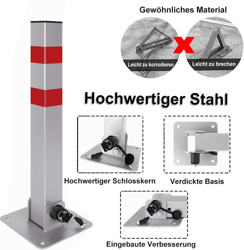 XMTECH 1 Stück Parkplatzsperre Parkpfosten Klappbar mit 3 Schlüssel - Robust und Stabil Absperrpfost