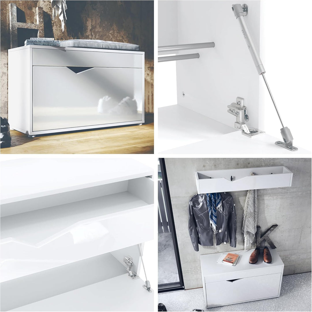 Vladon Kolmio Schuhbank, Sitzbank für 8 Paar Schuhe, Schuhregal mit Sitzfläche, Weiss matt/Weiss mat