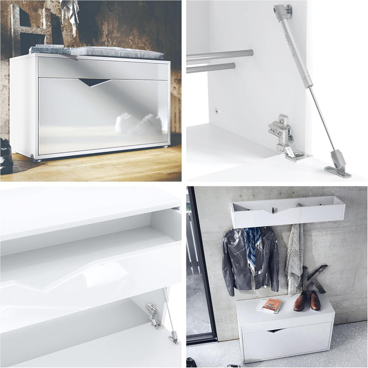 Vladon Kolmio Schuhbank, Sitzbank für 8 Paar Schuhe, Schuhregal mit Sitzfläche, Weiss matt/Schwarz H