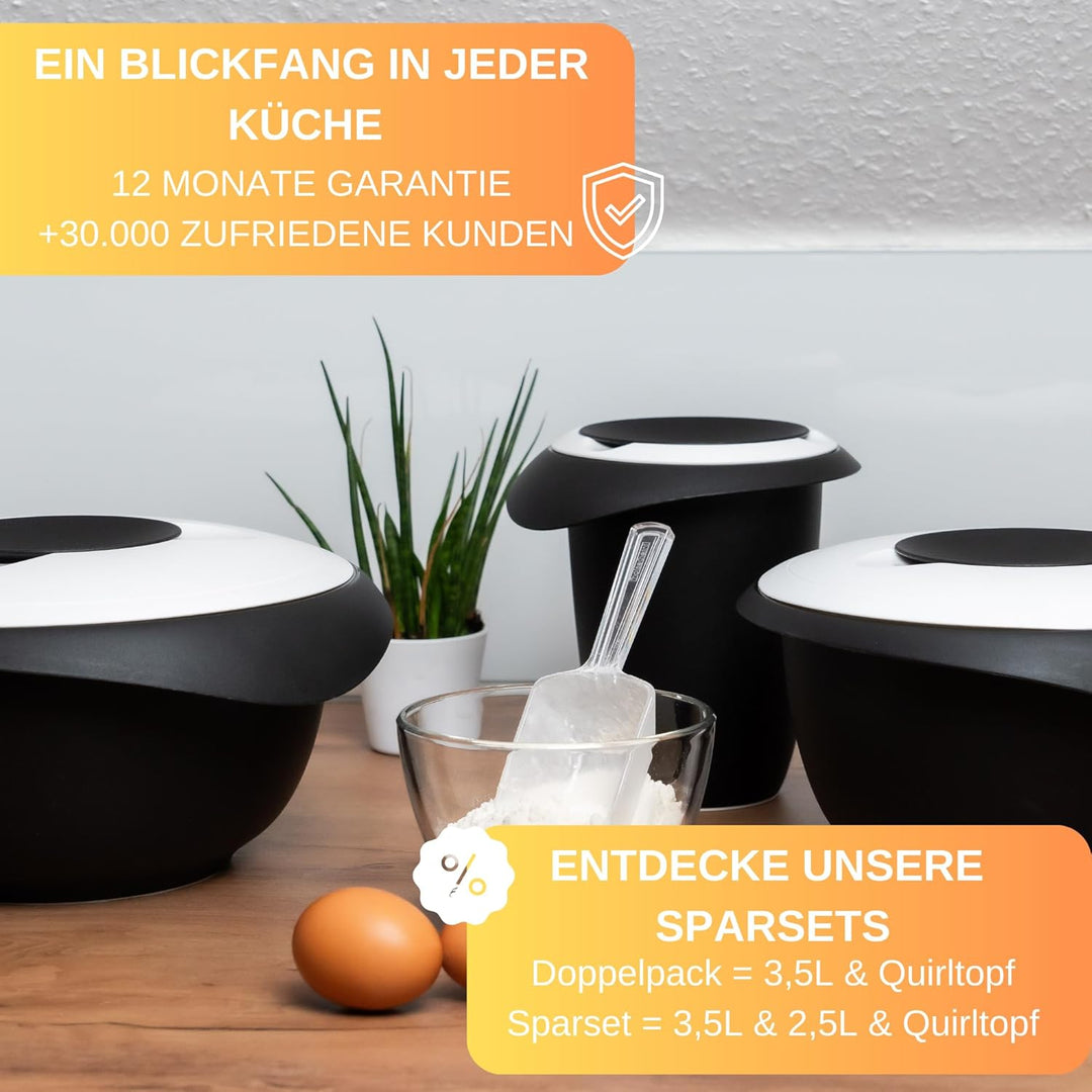 Quirltopf 1L mit Spritzschutz Deckel - Rutschfest & BPA frei - inkl. 50 Backrezepte - Made in German