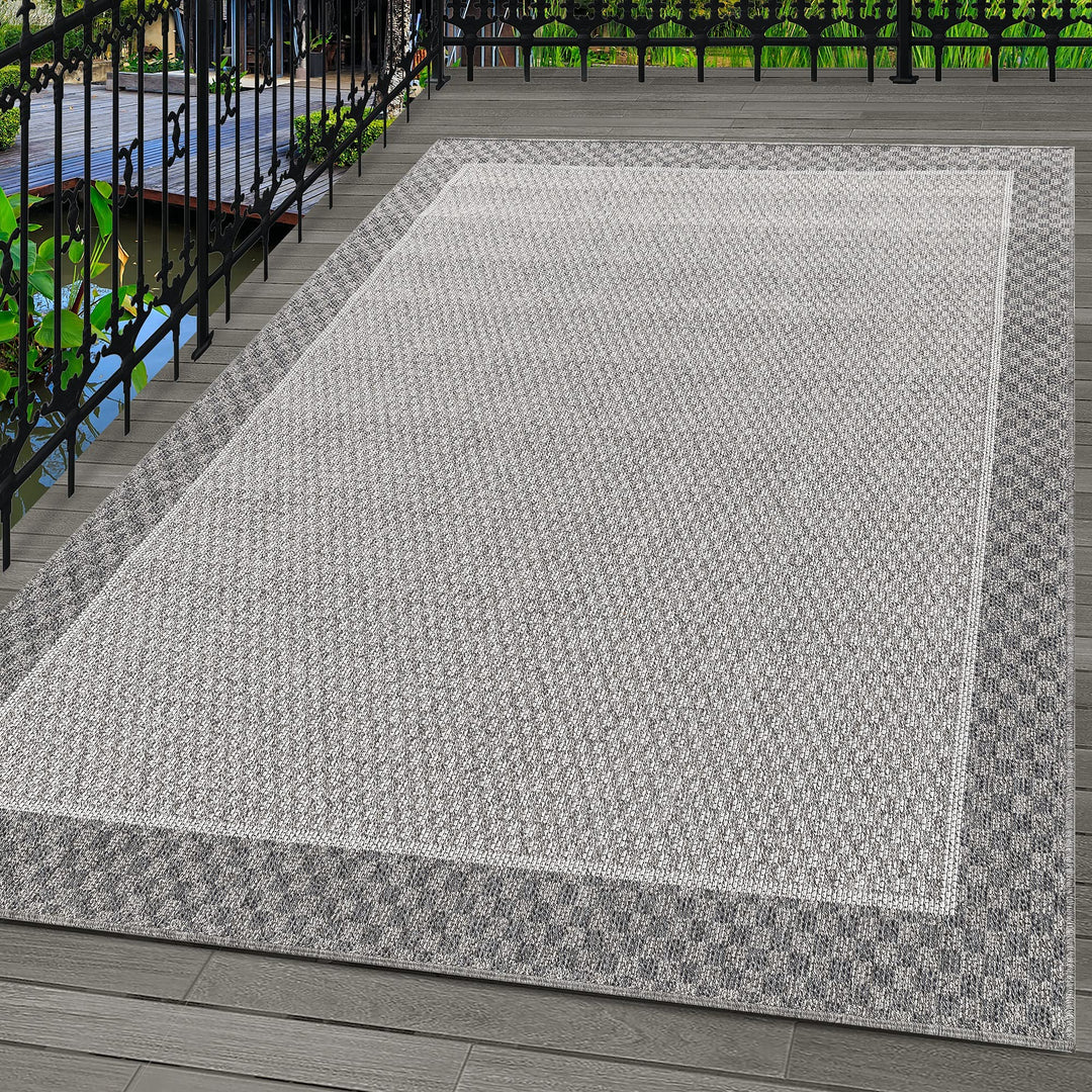 In- &amp; Outdoor Teppich Robuster, Ethno Look Bordüre Muster, Rechteckig, Grau und Creme Farbe, Wetterf