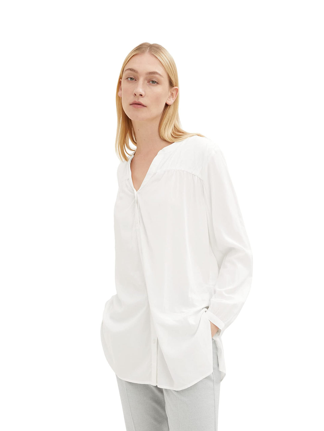 TOM TAILOR Damen Longstyle Bluse mit V-Ausschnitt, 10315 - Whisper White