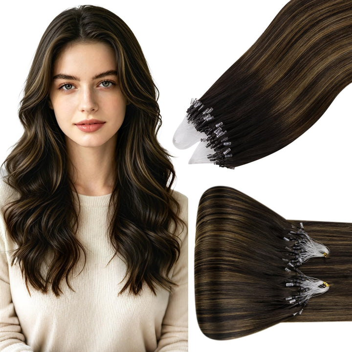 Hetto Echthaar Microring Extensions Balayage Microring Echthaar Extensions Dunkelstes Braun bis Hell