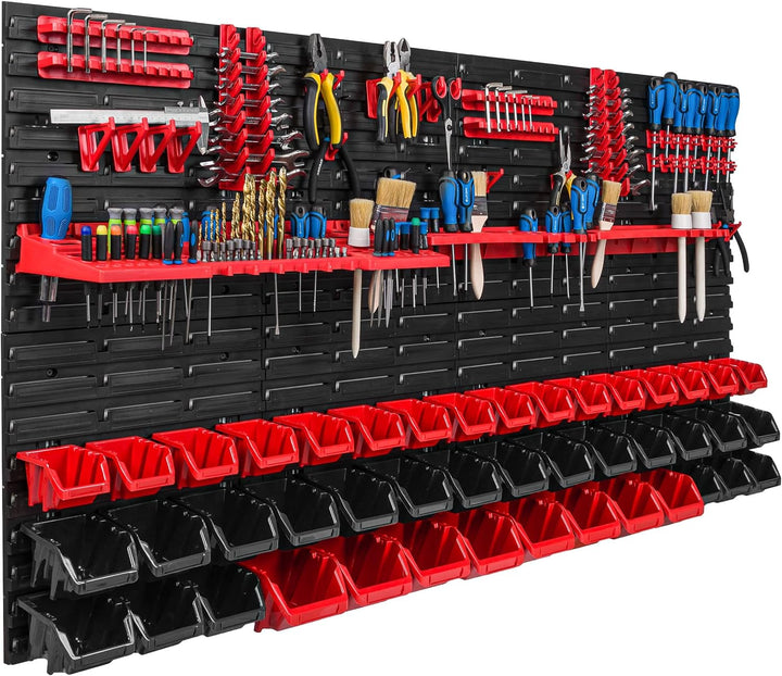 Lagersystem Werkstattregal | 156 x 78 cm | 44 stck. Box | Wandregal mit Werkzeughalterungen und Stap