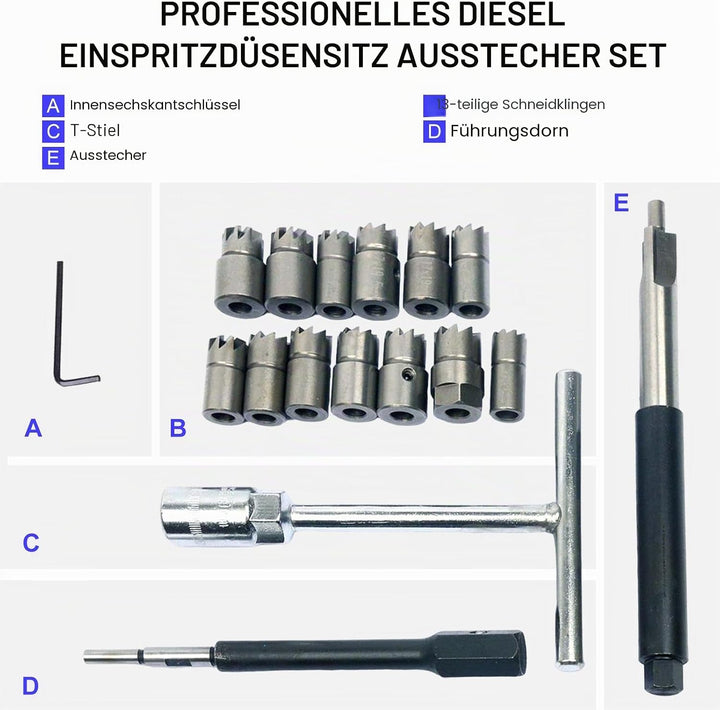 FreeTec Diesel Injektoren Dichtsitz Werkzeug Fräser Satz Einspritzdüsen Dichtflächen, 17-teilig