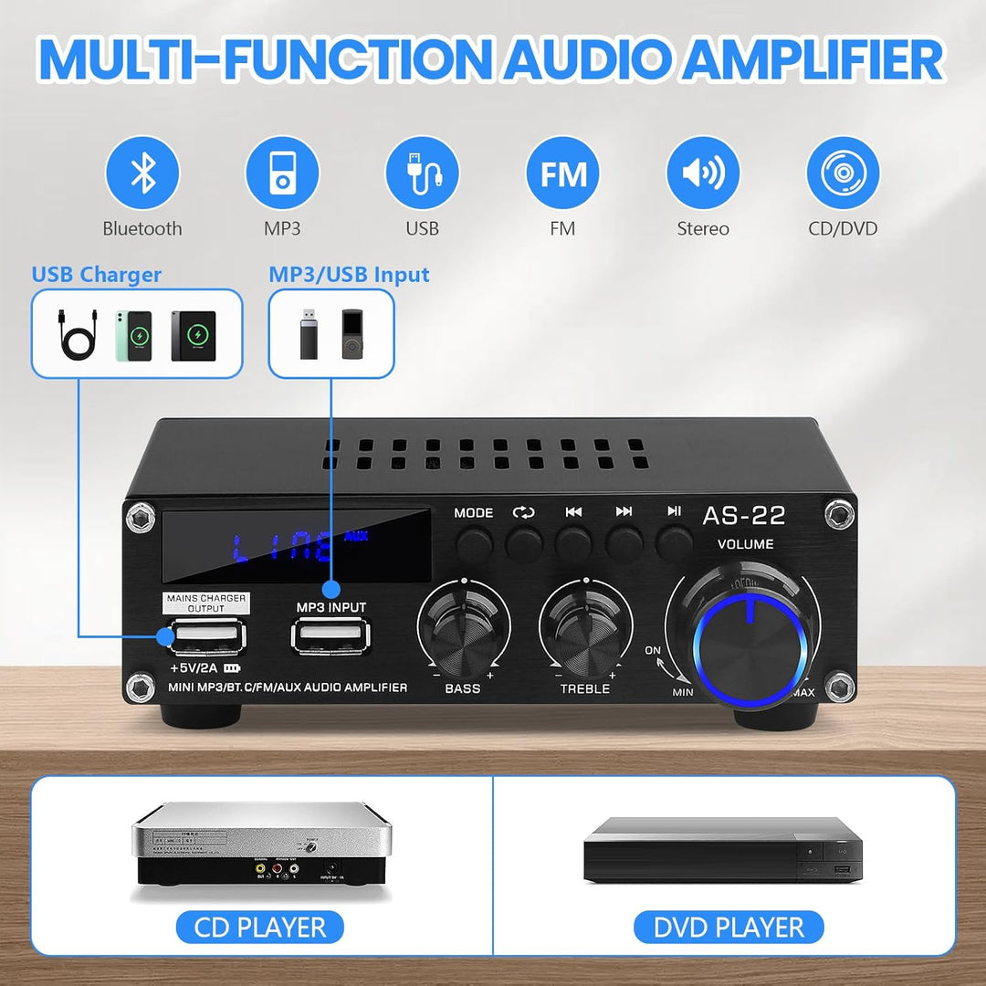 Bluetooth HiFi-Verstärker-AS-22 2.0 Kanäle Mini Stereo-Audioverstärker 40W x 2 Class D Digitale Powe