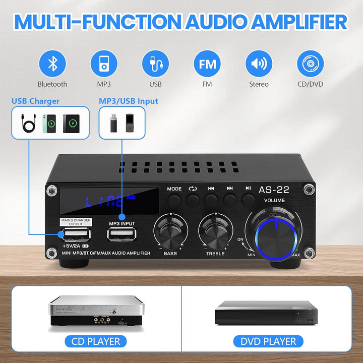 Bluetooth HiFi-Verstärker-AS-22 2.0 Kanäle Mini Stereo-Audioverstärker 40W x 2 Class D Digitale Powe
