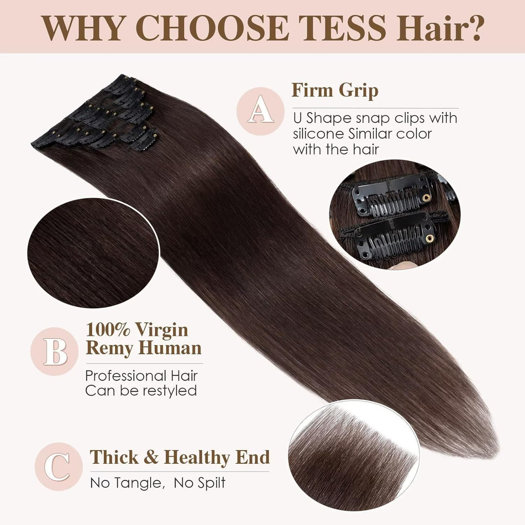 TESS 50 cm Clip in Extensions Echthaar Dunkelbraun 8 PCS Hair Extensions Clip in Echthaar 70g Braun