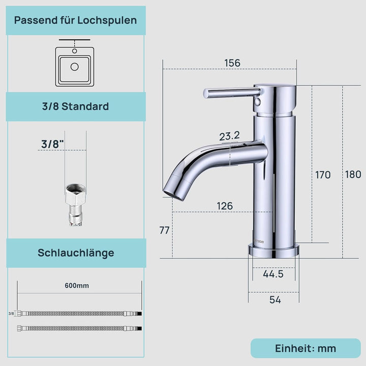 Wasserhahn Bad Mischbatterie, Waschtischarmatur mit Geräuscharmem Keramischem Ventilkern, Einhebelmi