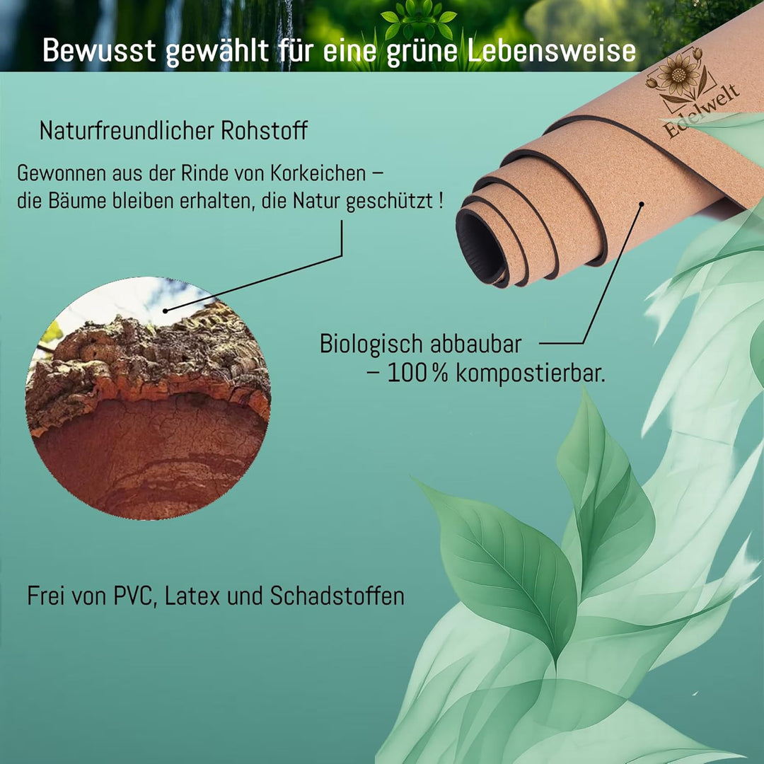 Yogamatte aus Kork – rutschfest &amp; nachhaltig – 183×61cm mit 5mm dicker Matte, Tragegurt &amp; Lasergravu