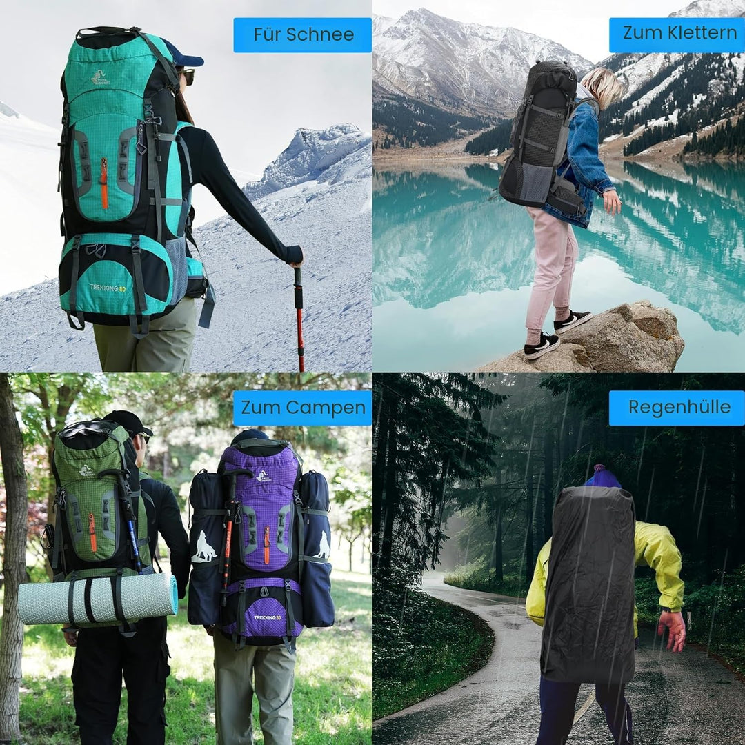 Bseash 80L Wasserdichter Wanderrucksack mit Regenschutz, leichter Outdoor-Sport, Reisen, Tagesrucksa