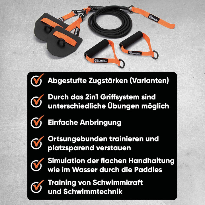 TAALOGA® 2in1 Zugseil Schwimmen I Schwimmtraining I Zugseiltraining mit Handpaddles und Griffen