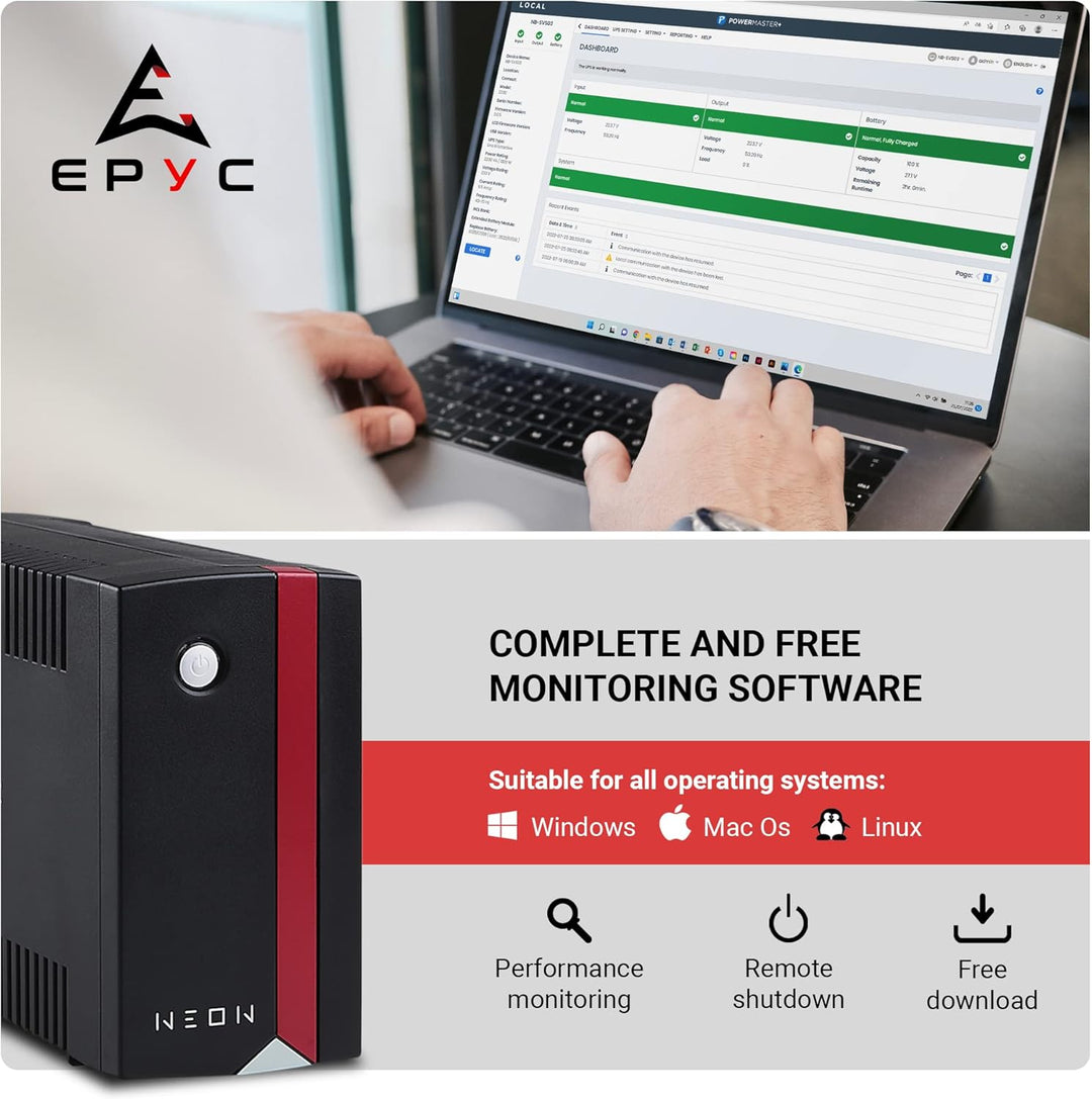 EPYC® NEON - USV für PC, UPS, Unterbrechungsfreie Stromversorgung für Modem Router, 850VA / 480 Watt