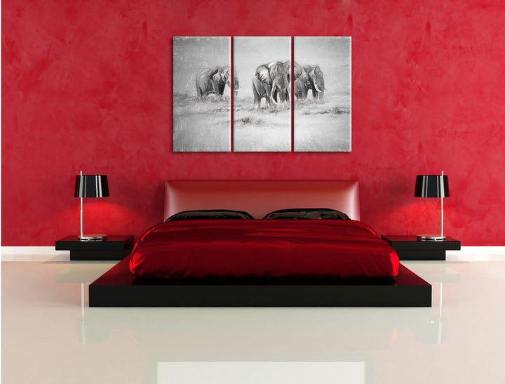 Pixxprint Elefanten in Südafrika / 3-Teilig/Gesamtmass 120cm Leinwandbild bespannt auf Holzrahmen/Wa