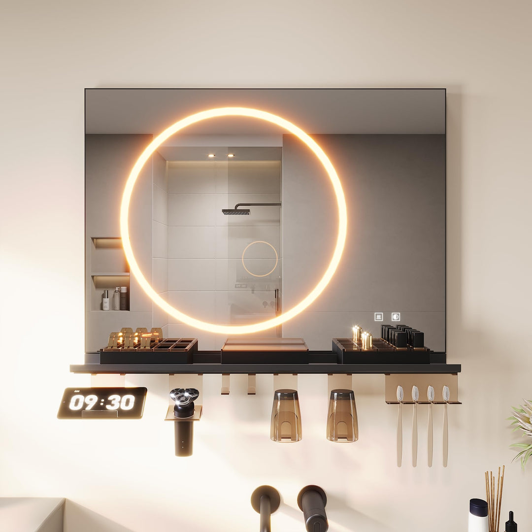 SONNI LED Badspiegel 80x60cm mit 80cm Ablage, Touch Badezimmerspiegel 3 Lichtfarben, Anti-Beschlag &