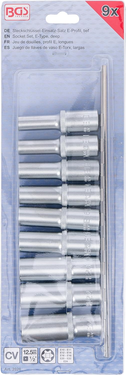 BGS 2026 | Steckschlüssel-Einsatz-Satz E-Profil, tief | 12,5 mm (1/2") | SW E10 - E24 | 9-tlg.