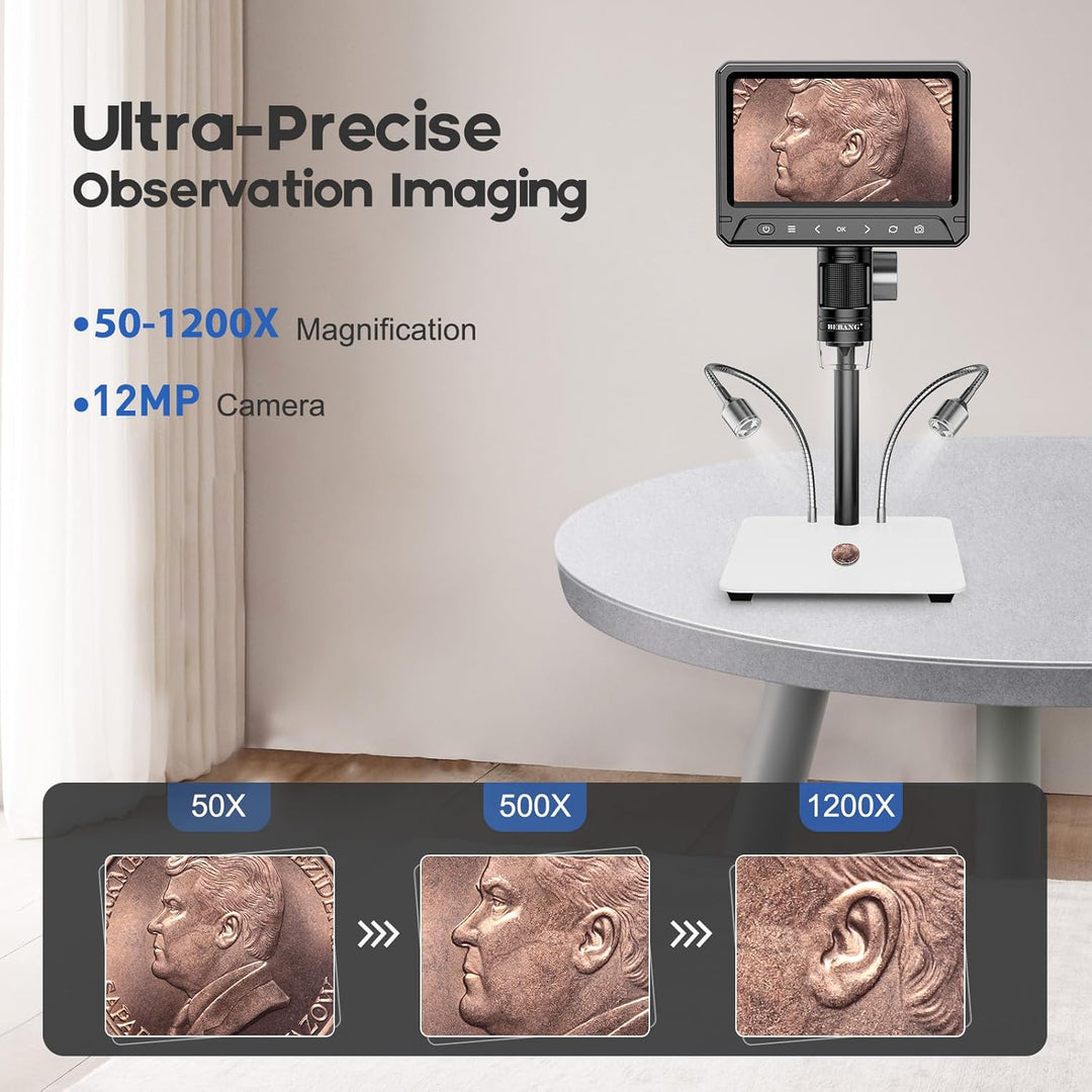 BEBANG 7" LCD Digitales Mikroskop 1200x für Erwachsene,3024P Münz Mikroskop Lupe,12MP Lötmikroskop m