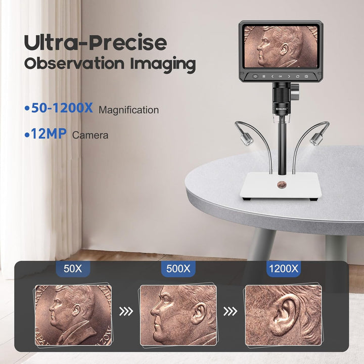 BEBANG 7" LCD Digitales Mikroskop 1200x für Erwachsene,3024P Münz Mikroskop Lupe,12MP Lötmikroskop m