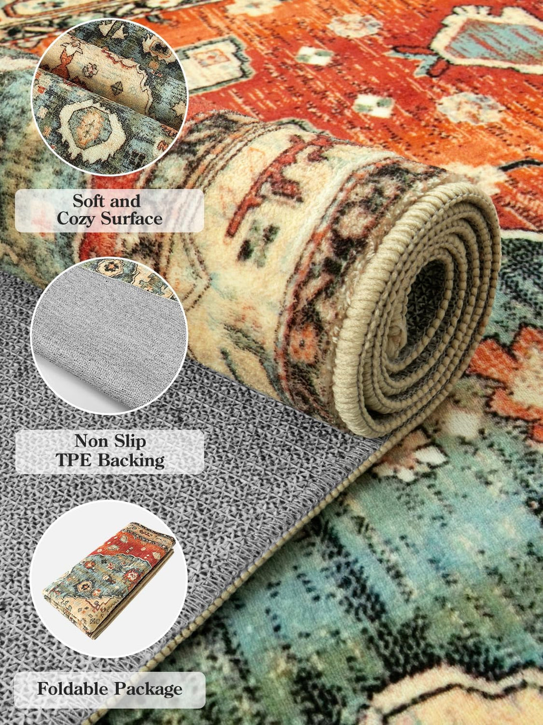 KIMODE Boho Fussmatte Innen, 60 x 90cm Kurzflor Fussmatte Waschbar, Distressed Kunstwolle rutschfest