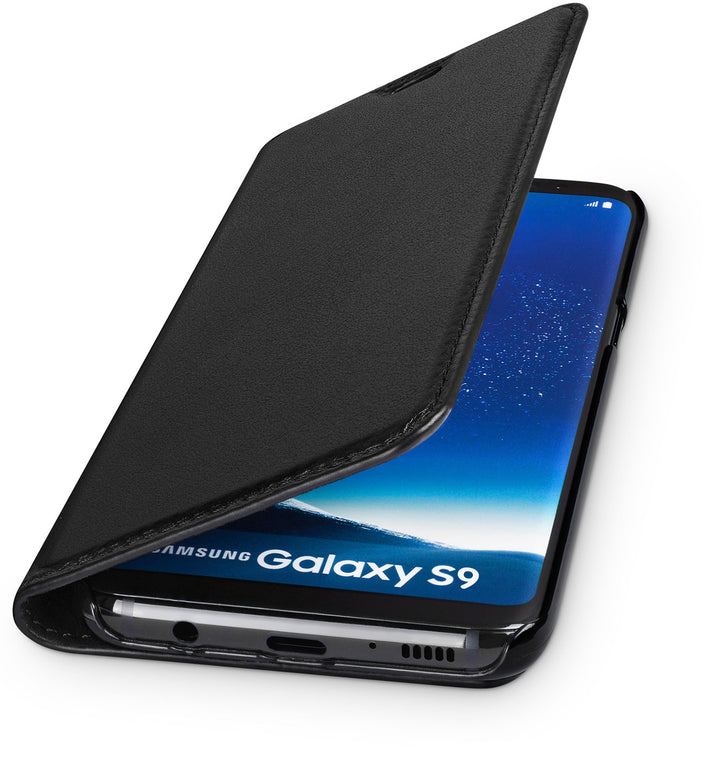 WIIUKA Echt Ledertasche -TRAVEL- für Samsung Galaxy S9 mit Kartenfach, extra Dünn, Tasche Schwarz, L