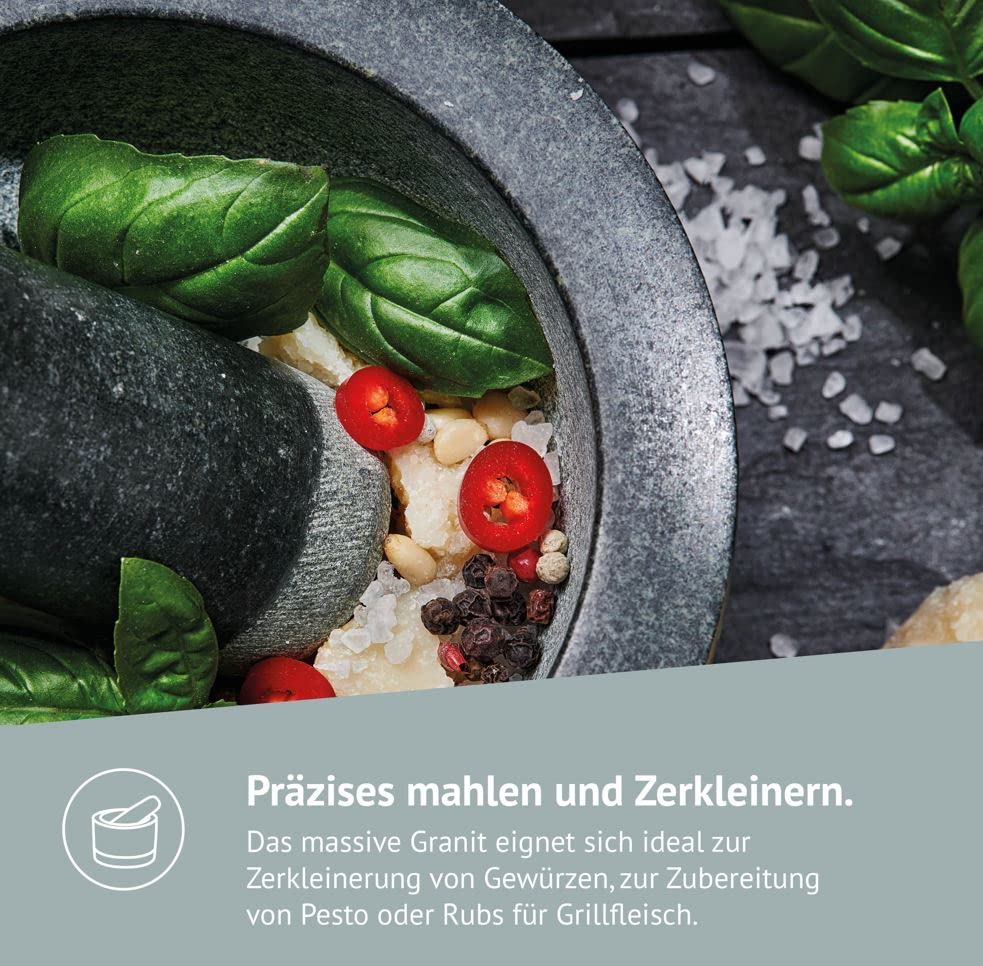DIEMKER Premium Granit Mörser mit Stössel, abnehmbarer Holzfuss, Holzlöffel und Reinigungsbürste im