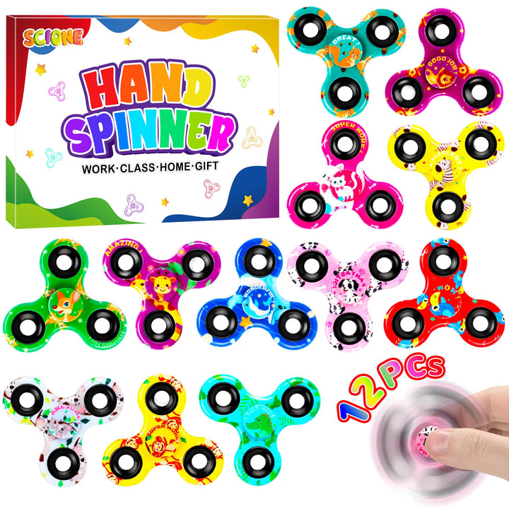SCIONE [12er-Pack] Fidget Spinner für Kinder mit süssen Tieren (6,3 cm), High-Speed Fingerkreisel, M