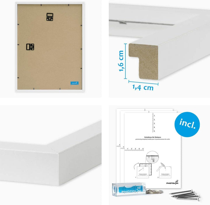 PHOTOLINI weisse Bilderrahmen Set verschiedene Grössen, 6 MDF Holz Bilderrahmen mit Passepartout, Bi