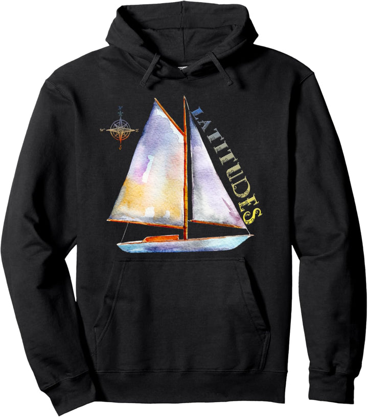 Aquarell-Segelboot mit Kompass und LATITUDES Segeln Pullover Hoodie
