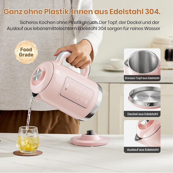 OLEGA Wasserkocher: 1800 W Wasserkocher mit Temperaturregelung, 1,5 l Fassungsvermögen, Edelstahl, S