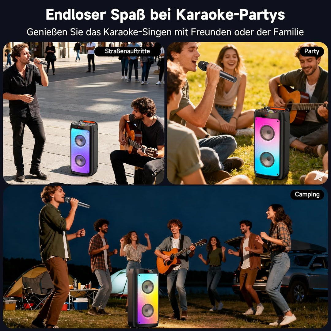 HWWR Karaoke Maschine mit 2 drahtlosen Mikrofonen tragbarem Bluetooth-Lautsprecher RGB-Licht, Schwar