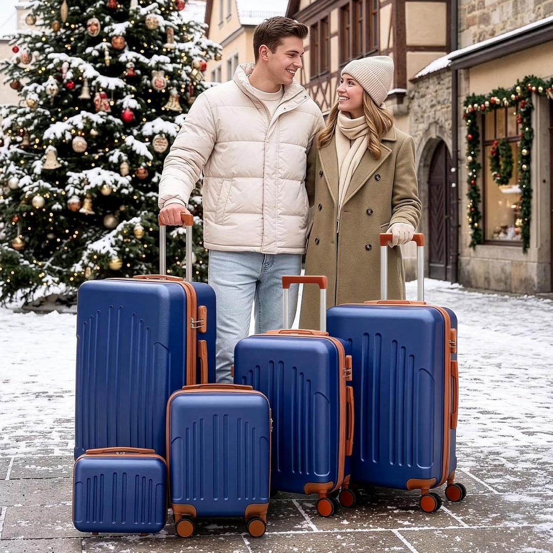 LALAHO Kofferset 5 teilig mit Kosmetikkoffer (Navy-Braun) | Hartschalen Koffer Set aus ABS, Reisekof