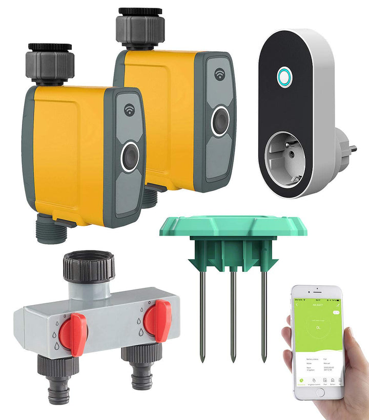 Royal Gardineer WLAN Wasserhahn: WLAN-Bewässerungscomputer, 2-Wege-Verteiler, Feuchtigkeitssensor, A