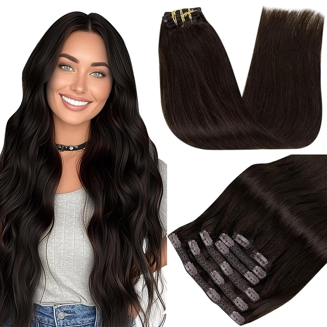 RUNATURE Dunkelbraun Clip Extensions Echthaar Günstig 30cm Clip in Echthaar Extensions 80g 7pcs Remy