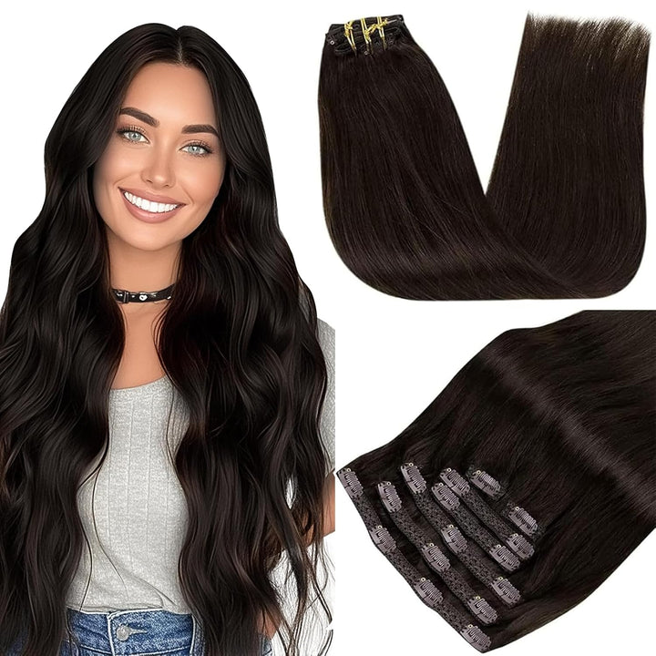 RUNATURE Dunkelbraun Clip Extensions Echthaar Günstig 30cm Clip in Echthaar Extensions 80g 7pcs Remy