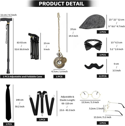 WILDPARTY 20er Jahre Kostüm Herren Accessoires, Faltbarer Krücken Metall, Panamahut, Taschenuhr, Met