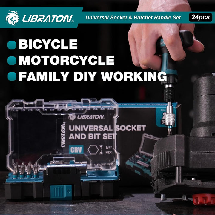 LIBRATON 24-tlg. 1/4" Drive T-Griff Ratsche & Universalschlüssel, Bitsatz, Steckschlüssel adapter Ad