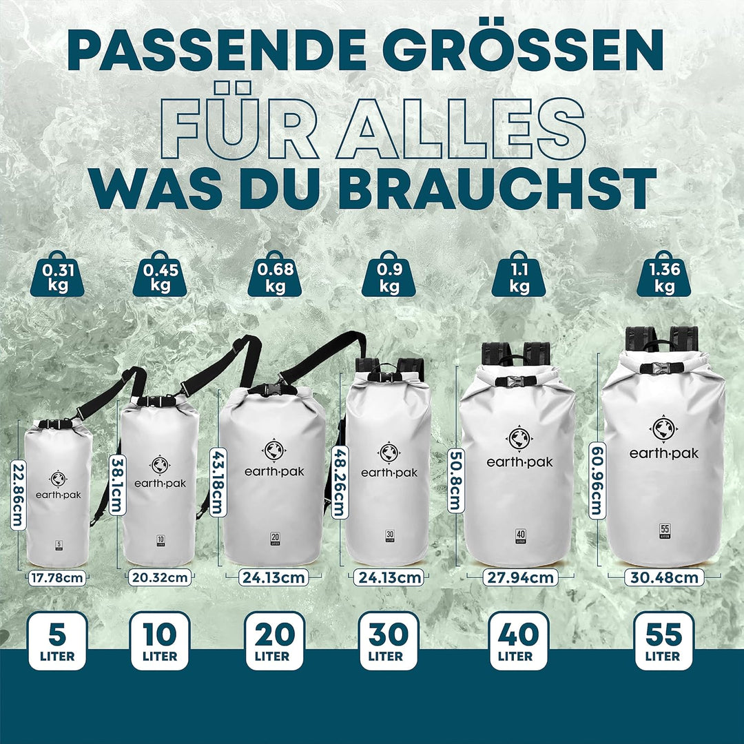 Earth Pak – Wasserdichter Packsack mit Schultergurt und wasserfester Handyhülle – Ideale Rolltop Tas